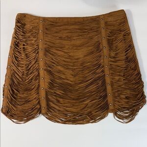 Haute Hippie Brown Suede Fringe Mini Skirt with Stud Trim